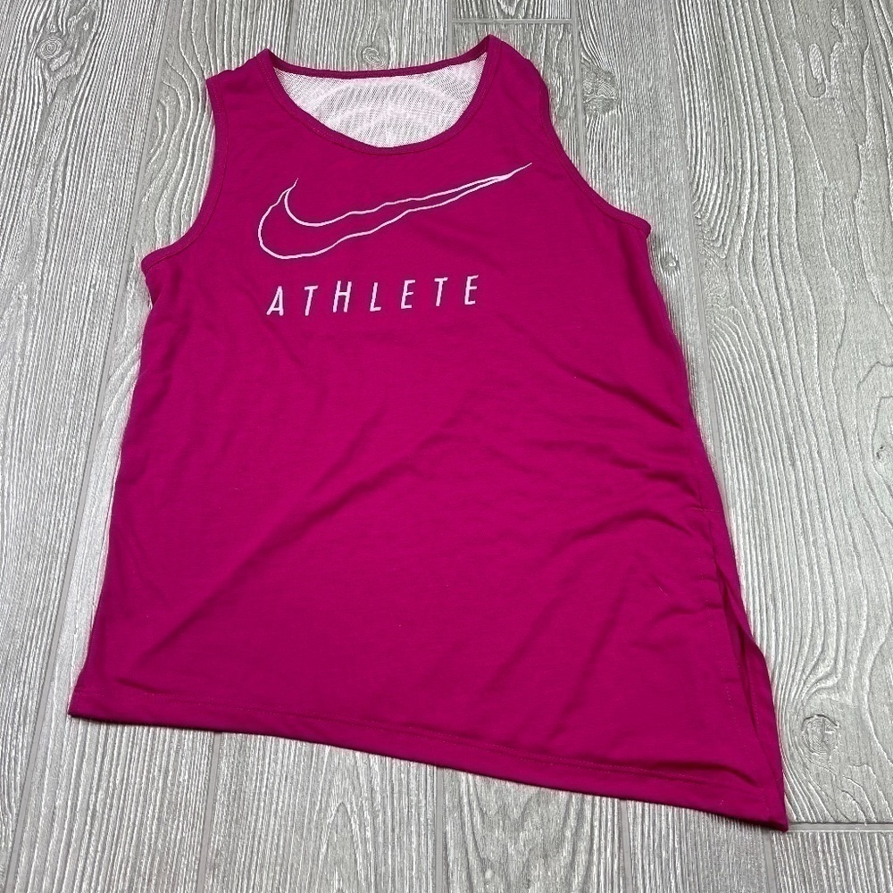 NIKE Athletic Tank Top Women's size M Pink & White Asymmetrical Hem Mesh Insert